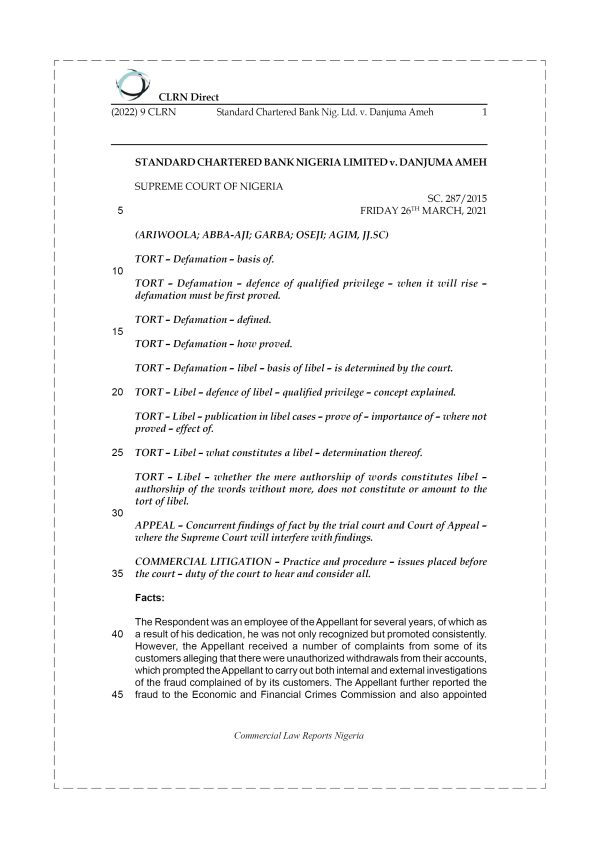 STANDARD CHARTERED BANK NIG. LTD. v. DANJUMA AMEH