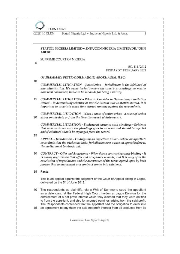 STATOIL NIGERIA LIMITED v. INDUCON NIGERIA LIMITED & ANOR.