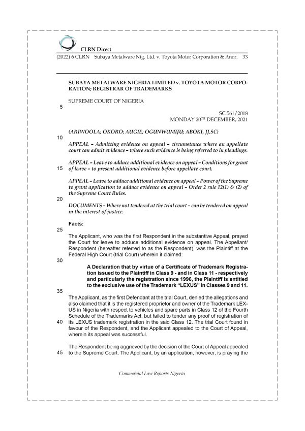 SUBAYA METALWARE NIG. LTD. v. TOYOTA MOTOR CORPORATION & ANOR.