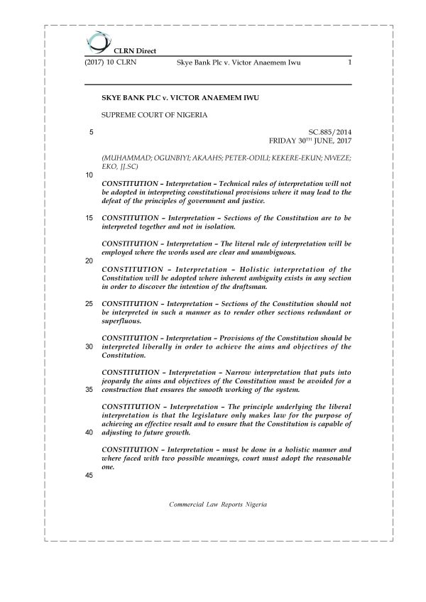 Skye Bank Plc v. Victor Anaemem Iwu