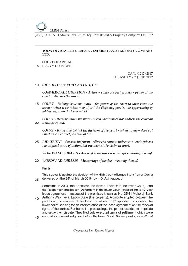 TODAY’S CARS LTD. v. TEJU INVESTMENT & PROPERTY COMPANY LTD.