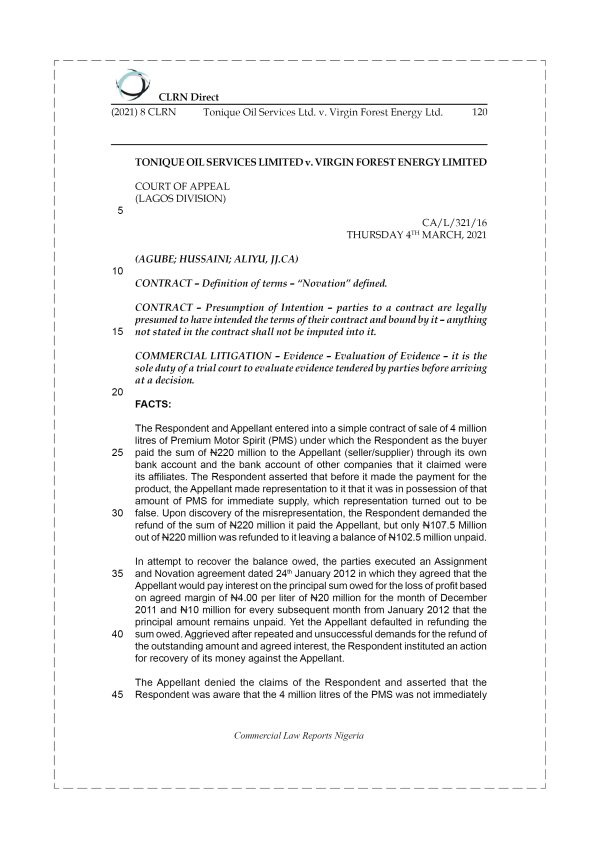 TONIQUE OIL SERVICES LTD. v. VIRGIN FOREST ENERGY LTD.