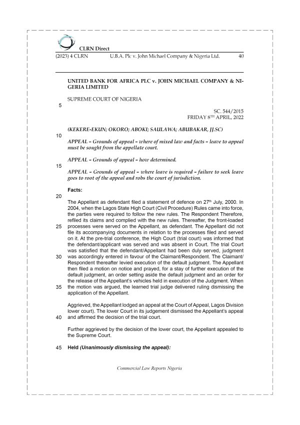 U.B.A. PLC v. JOHN MICHAEL COMPANY & NIGERIA LTD.