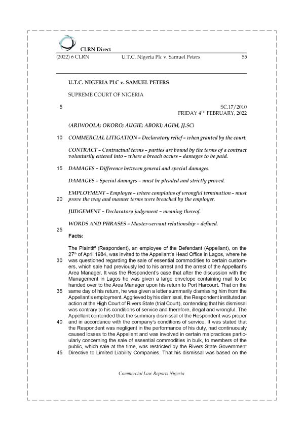 U.T.C. NIGERIA PLC v. SAMUEL PETERS