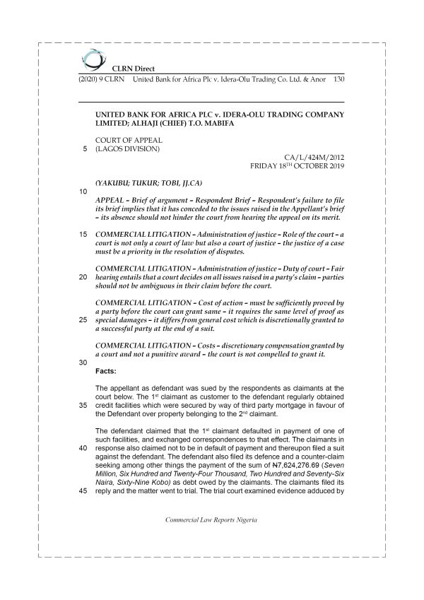 UNITED BANK FOR AFRICA PLC v. IDERA-OLU TRADING CO. LTD. & ANOR