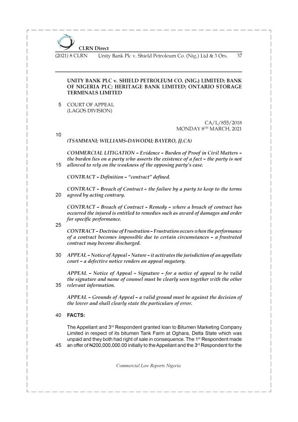 UNITY BANK PLC v. SHIELD PETROLEUM CO. (NIG.) LIMITED & 3 ORS.