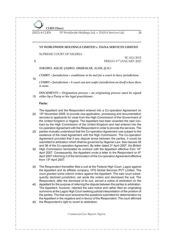 VF WORLDWIDE HOLDINGS LTD. v. DANA SERVICES LTD.