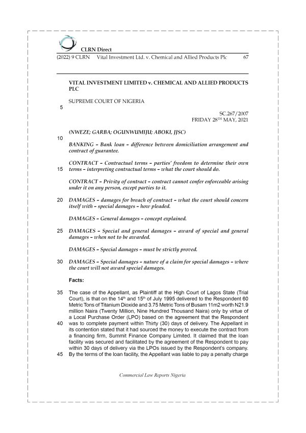 VITAL INVESTMENT LTD. v. CHEMICAL AND ALLIED PRODUCTS PLC