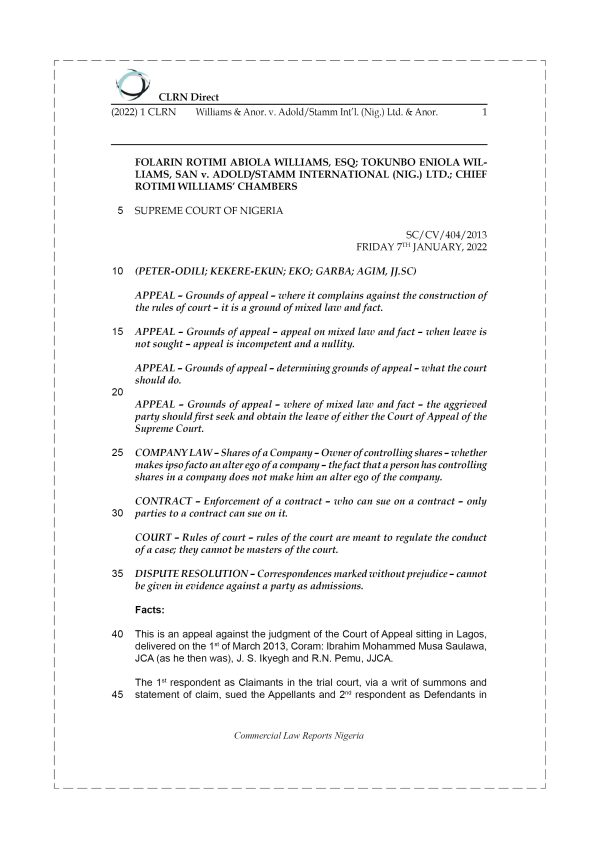 WILLIAMS & ANOR. v. ADOLD-STAMM INT’L. (NIG.) LTD. & ANOR.