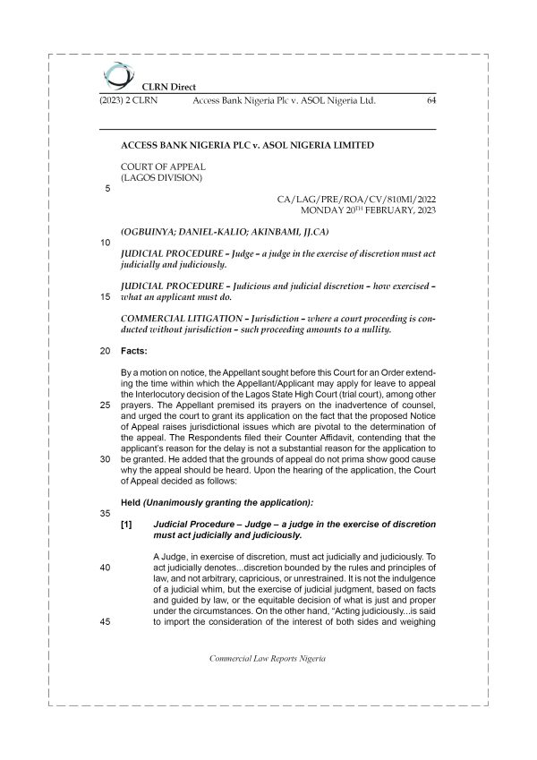 ACCESS BANK NIGERIA PLC v. ASOL NIGERIA LTD.
