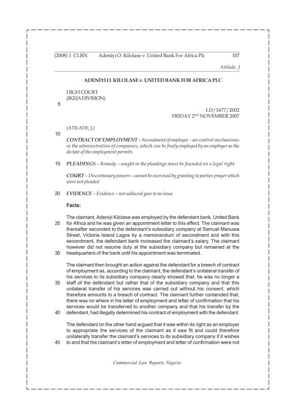 Adeniyi O. Kilolase v. United Bank For Africa Plc