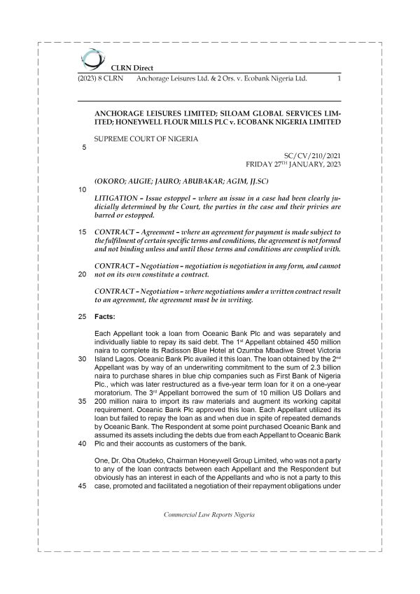ANCHORAGE LEISURES LTD. & 2 ORS. v. ECOBANK NIGERIA LTD.