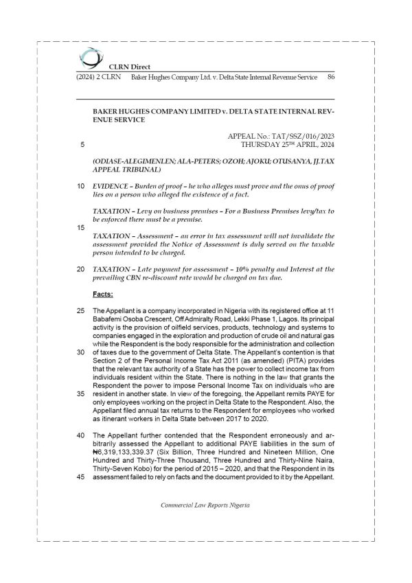 BAKER HUGHES COMPANY LTD. v. DELTA STATE INTERNAL REVENUE SERVICE
