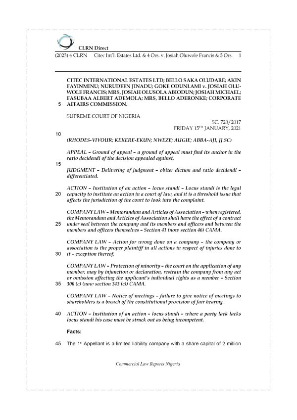 CITEC INT’L. ESTATES LTD. & 4 ORS. v. JOSIAH OLUWOLE FRANCIS & 5 ORS.