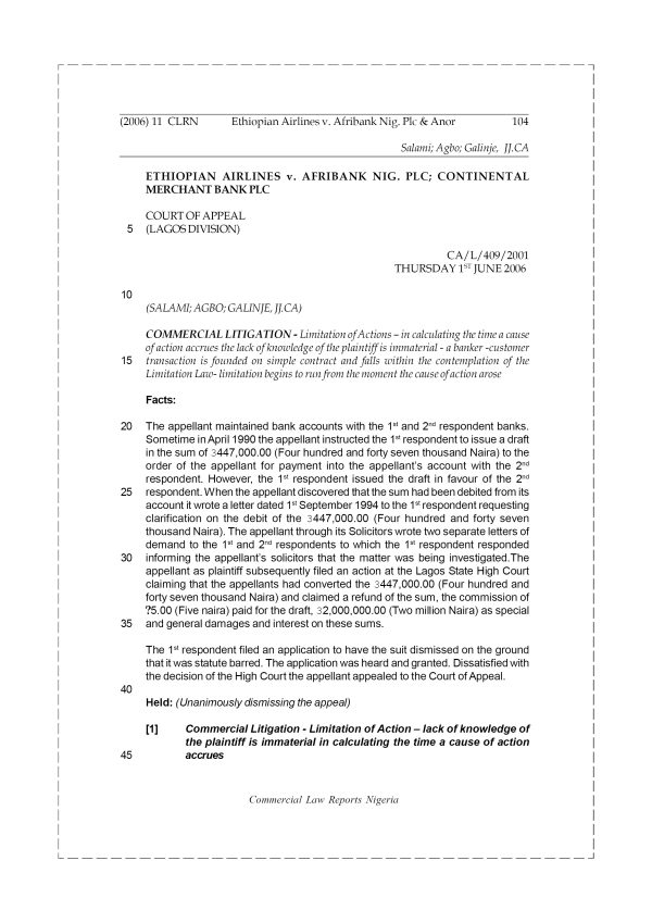 Ethiopian Airlines v. Afribank Nig. Plc & Anor