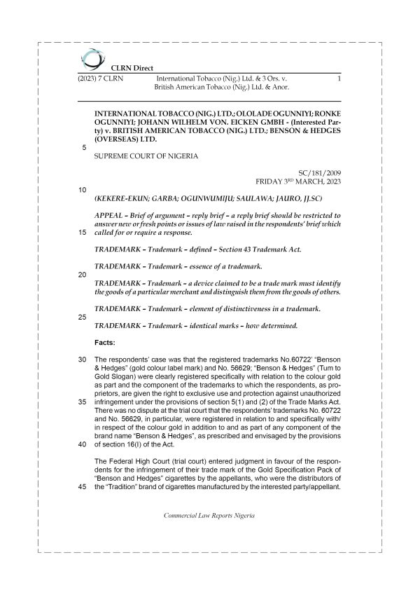 INTERNATIONAL TOBACCO (NIG.) LTD. & 3 ORS. v. BRITISH AMERICAN TOBACCO (NIG.) LTD. & ANOR.