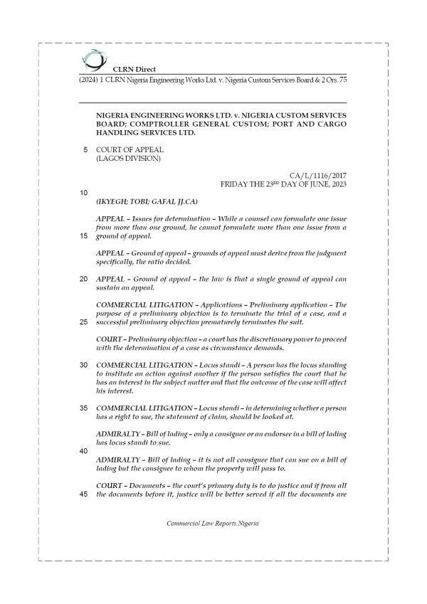 NIGERIA ENGINEERING WORKS LTD. v. NIGERIA CUSTOM SERVICES BOARD & 2 ORS.