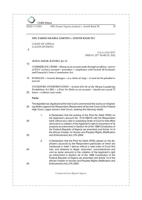 NPG FARMS NIGERIA LIMITED v. ZENITH BANK PLC