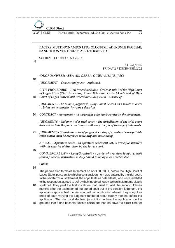 PACERS MULTI-DYNAMICS LTD. & 2 ORS. v. ACCESS BANK PLC