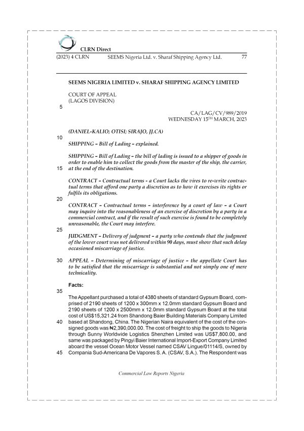 SEEMS NIGERIA LTD. v. SHARAF SHIPPING AGENCY LTD.