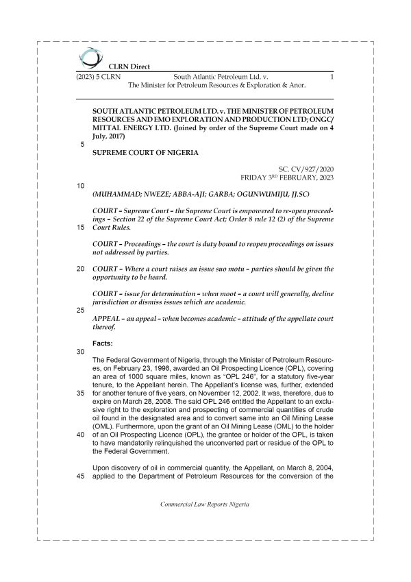 SOUTH ATLANTIC PETROLEUM LTD. v. THE MINISTER FOR PETROLEUM RESOURCES & EXPLORATION & ANOR.