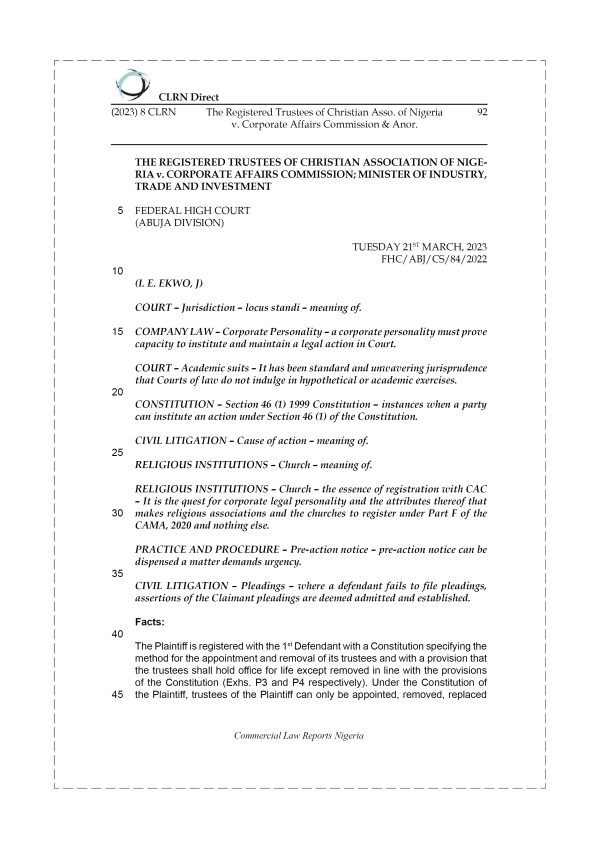 THE REGISTERED TRUSTEES OF CHRISTIAN ASSO. OF NIGERIA v. CORPORATE AFFAIRS COMMISSION & ANOR.