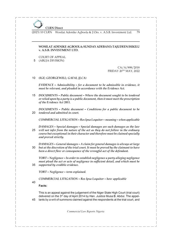 WOSILAT ADENIKE AGBOOLA & 2 ORS. v. A.S.B. INVESTMENT LTD.