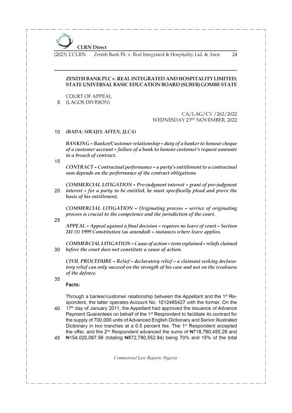 ZENITH BANK PLC v. REAL INTEGRATED & HOSPITALITY LTD. & ANOR.