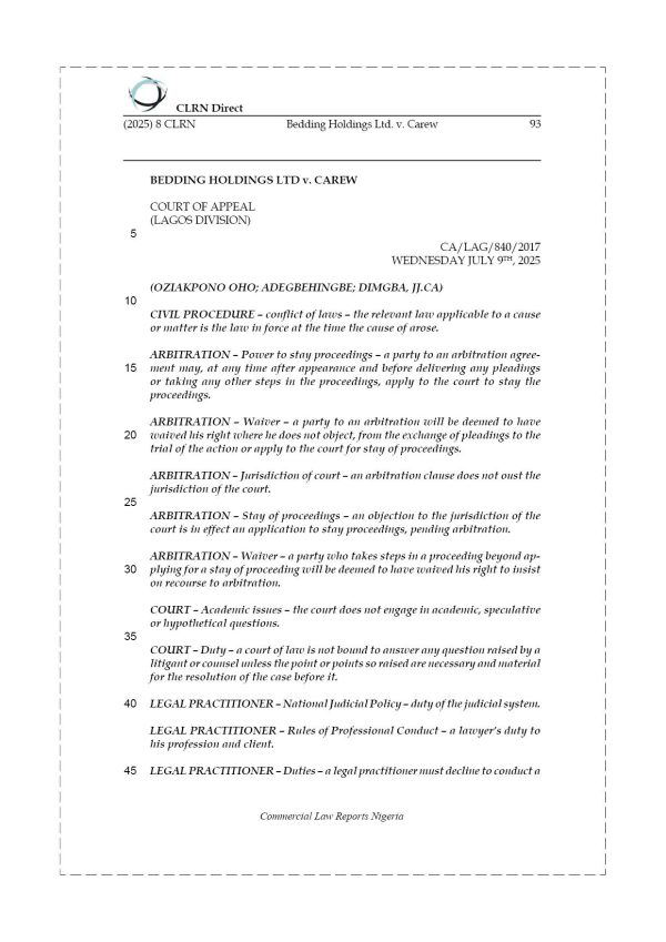 BEDDING HOLDINGS LTD v. CAREW