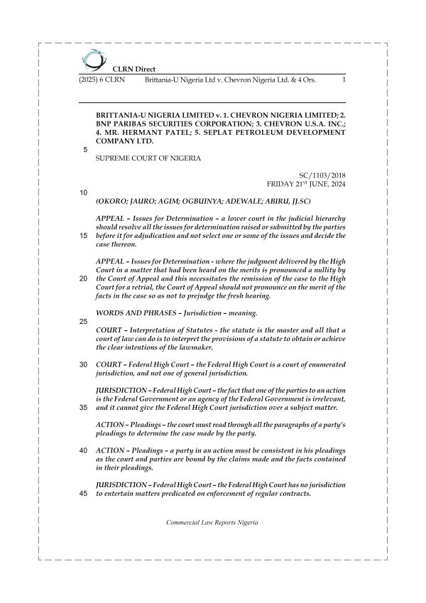 BRITTANIA-U NIGERIA LTD v. CHEVRON NIGERIA LTD. & 4 ORS.