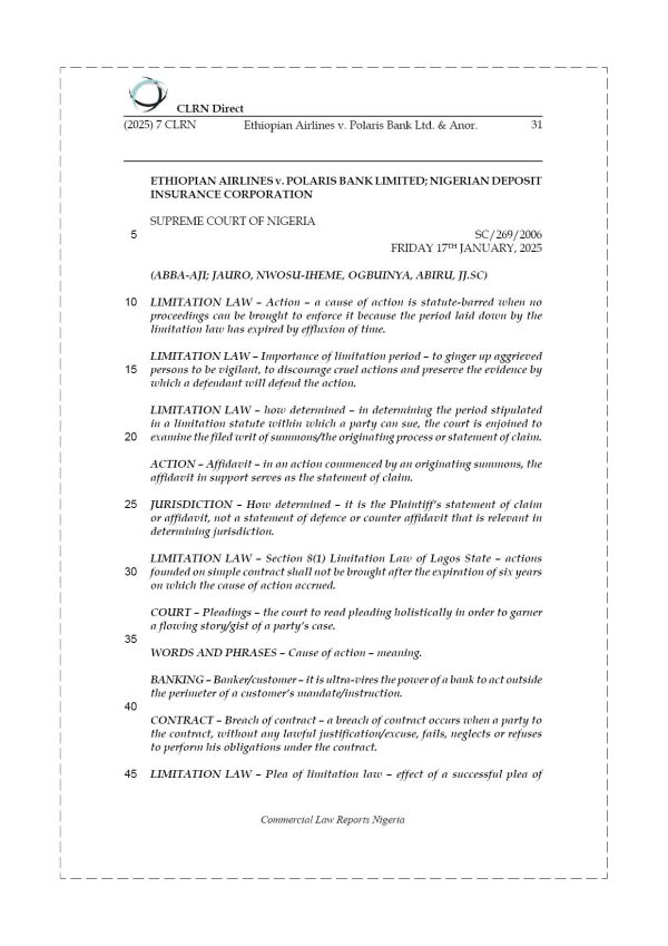 ETHIOPIAN AIRLINES v. POLARIS BANK LTD & ANOR.