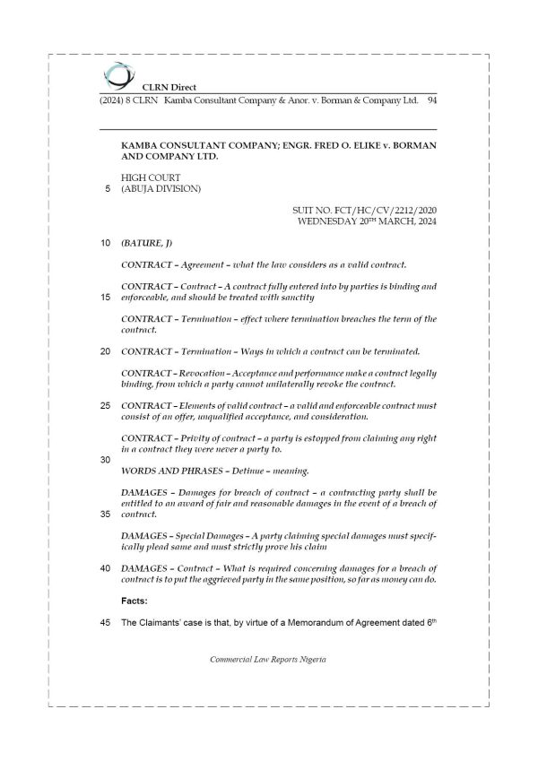 KAMBA CONSULTANT COMPANY & ANOR v. BORMAN & COMPANY LTD