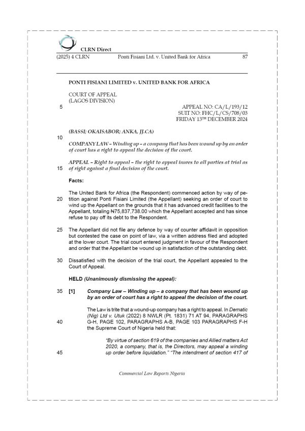 PONTI FISIANI LTD. v. UNITED BANK FOR AFRICA