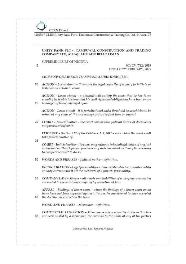 UNITY BANK PLC v. TAMBUWAL CONSTRUCTION AND TRADING CO. LTD & ANOR.