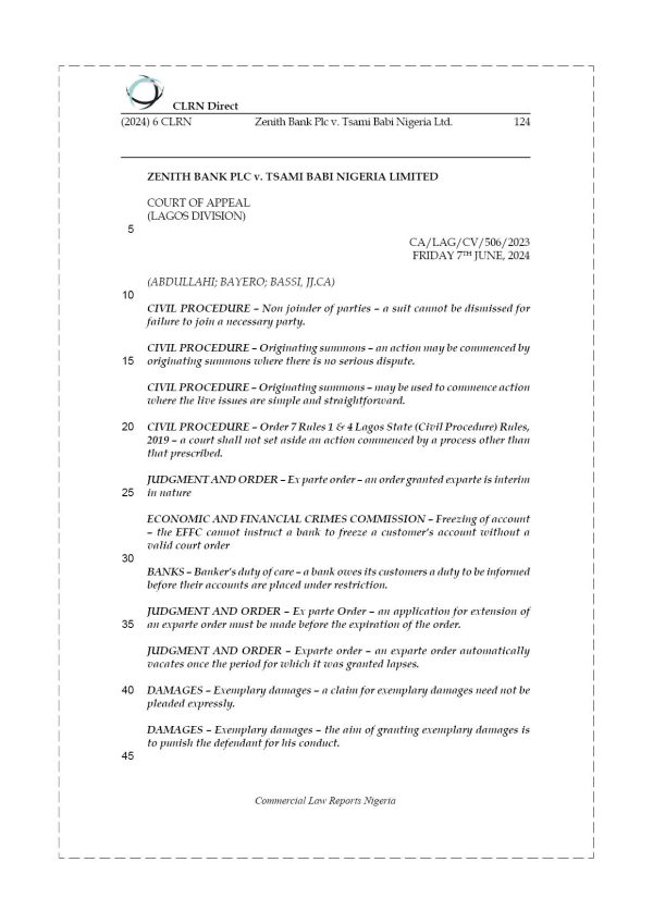 ZENITH BANK PLC v. TSAMI BABI NIGERIA LTD.