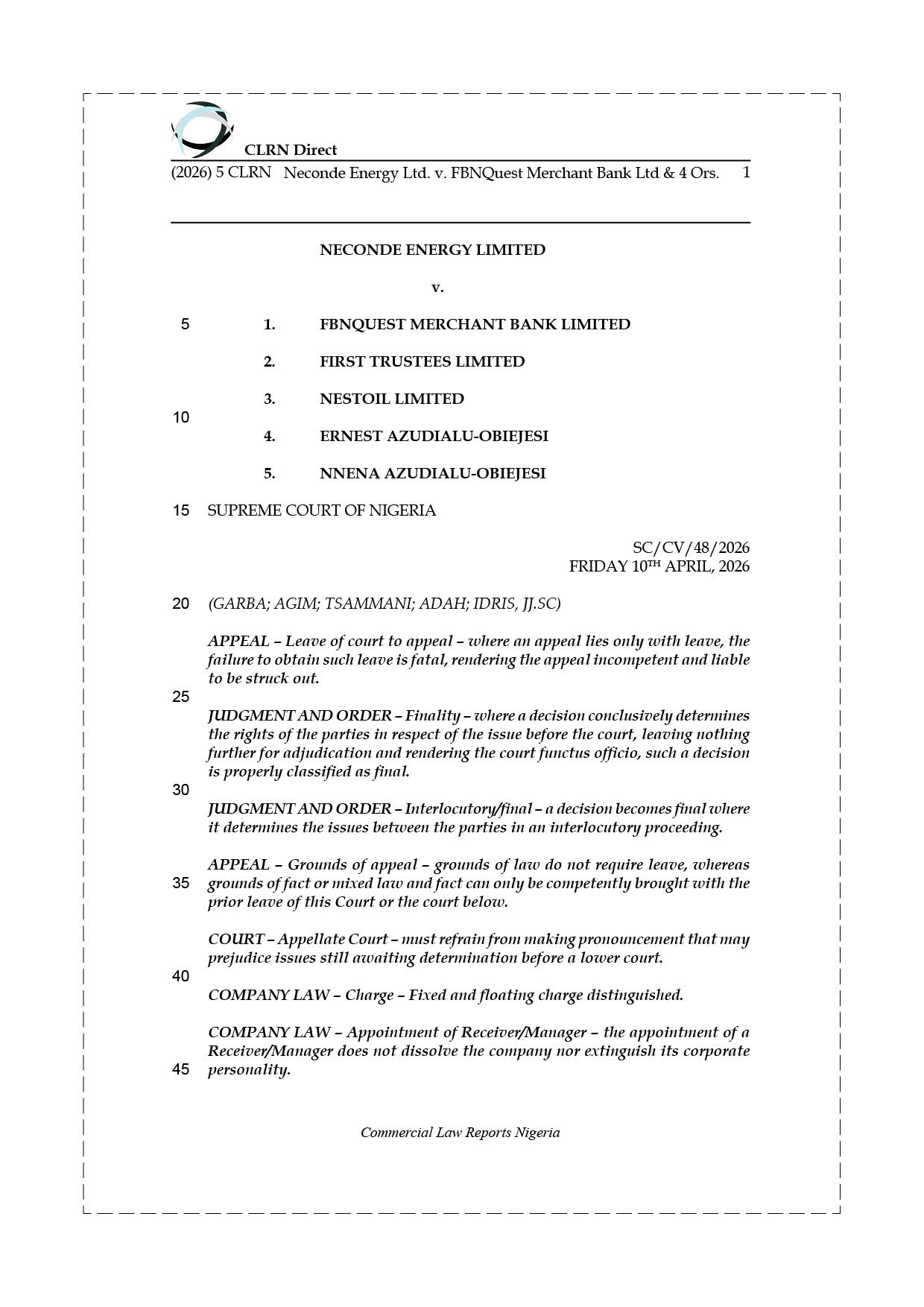NECONDE ENERGY LTD. v. FBNQUEST MERCHANT BANK LTD. & 4 ORS.